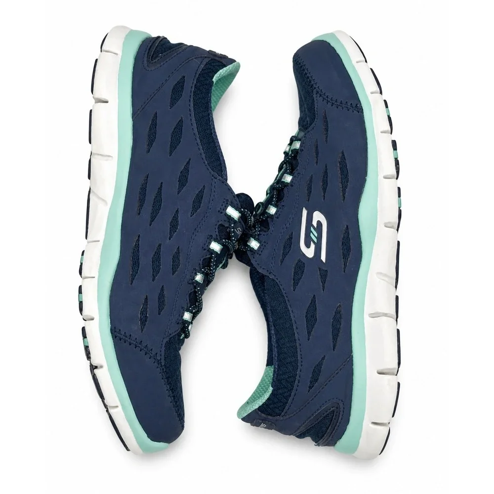 Skechers Air Cooled Memory Foam Women's 6 Navy Mint Slip In Walking Shoes 22604